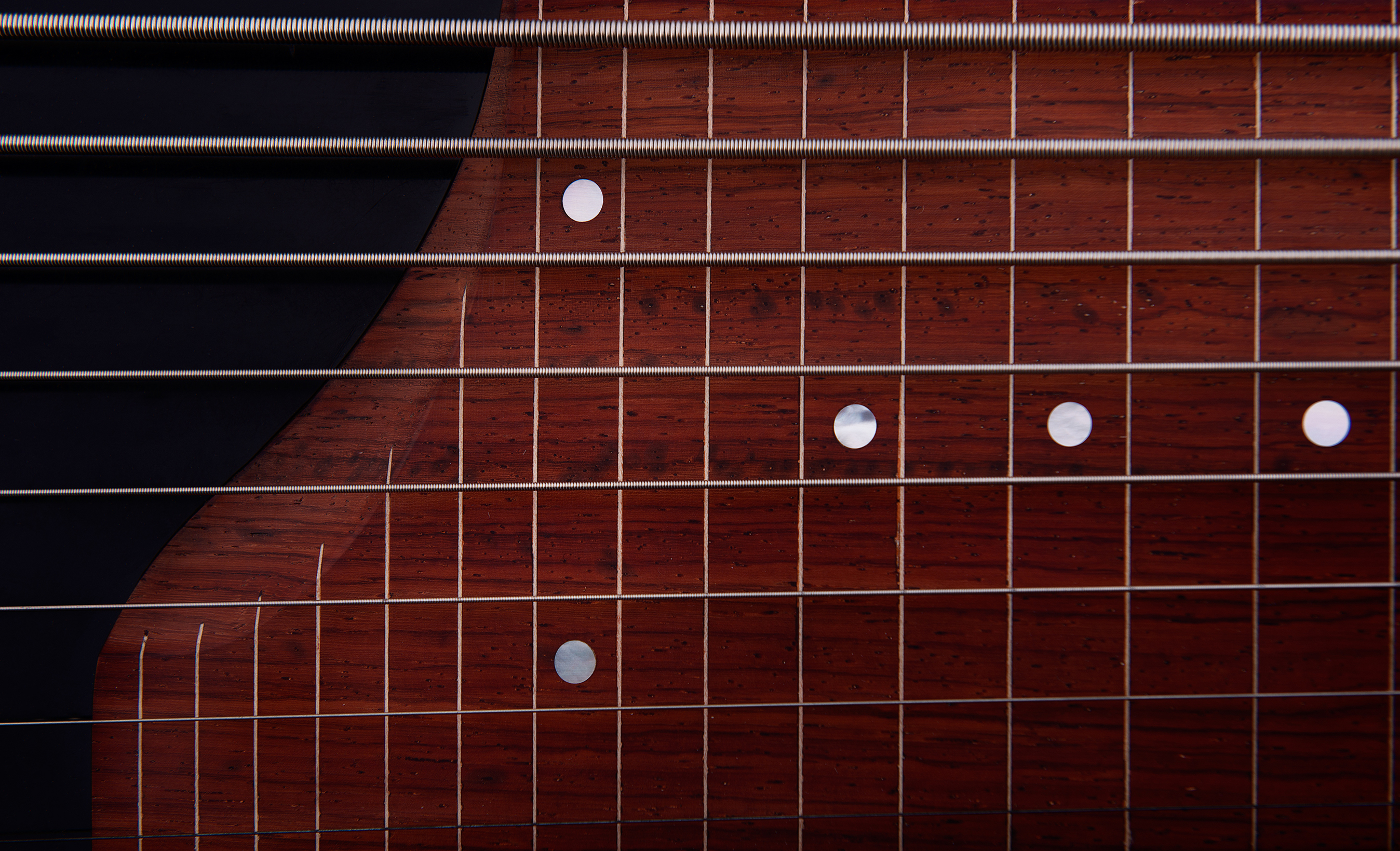 A Peter Stephen 8 string electric bass detail of the inlays