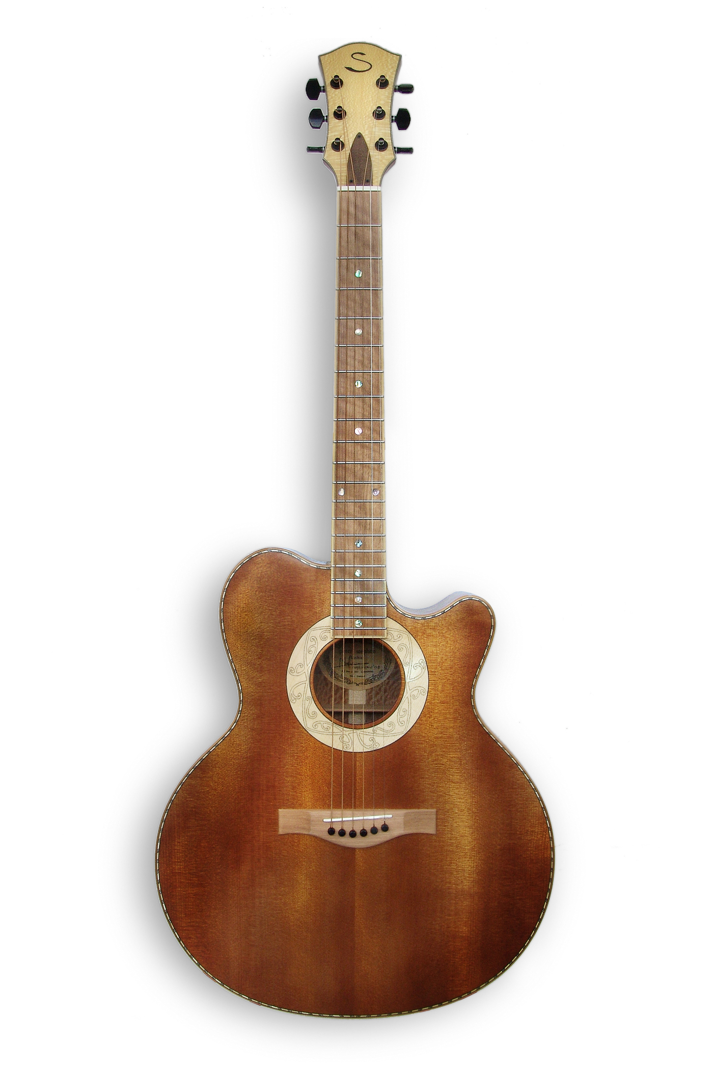 Guitar maker Peter Stephen double cutaway acoustic guitar featuring a tradional Maori rosette