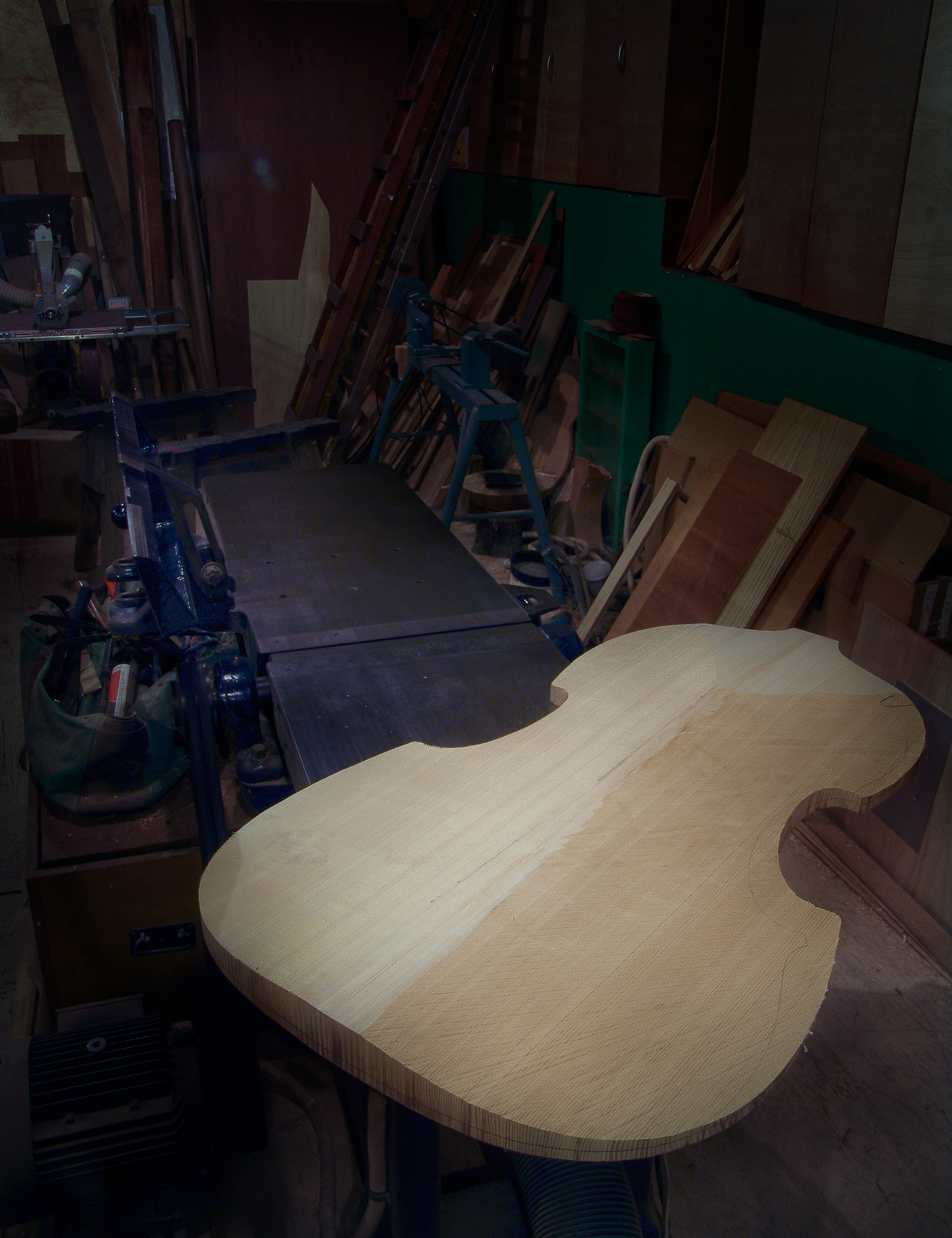 Peter Stephen's workshop, a double bass soundboard is ready to begin shaping