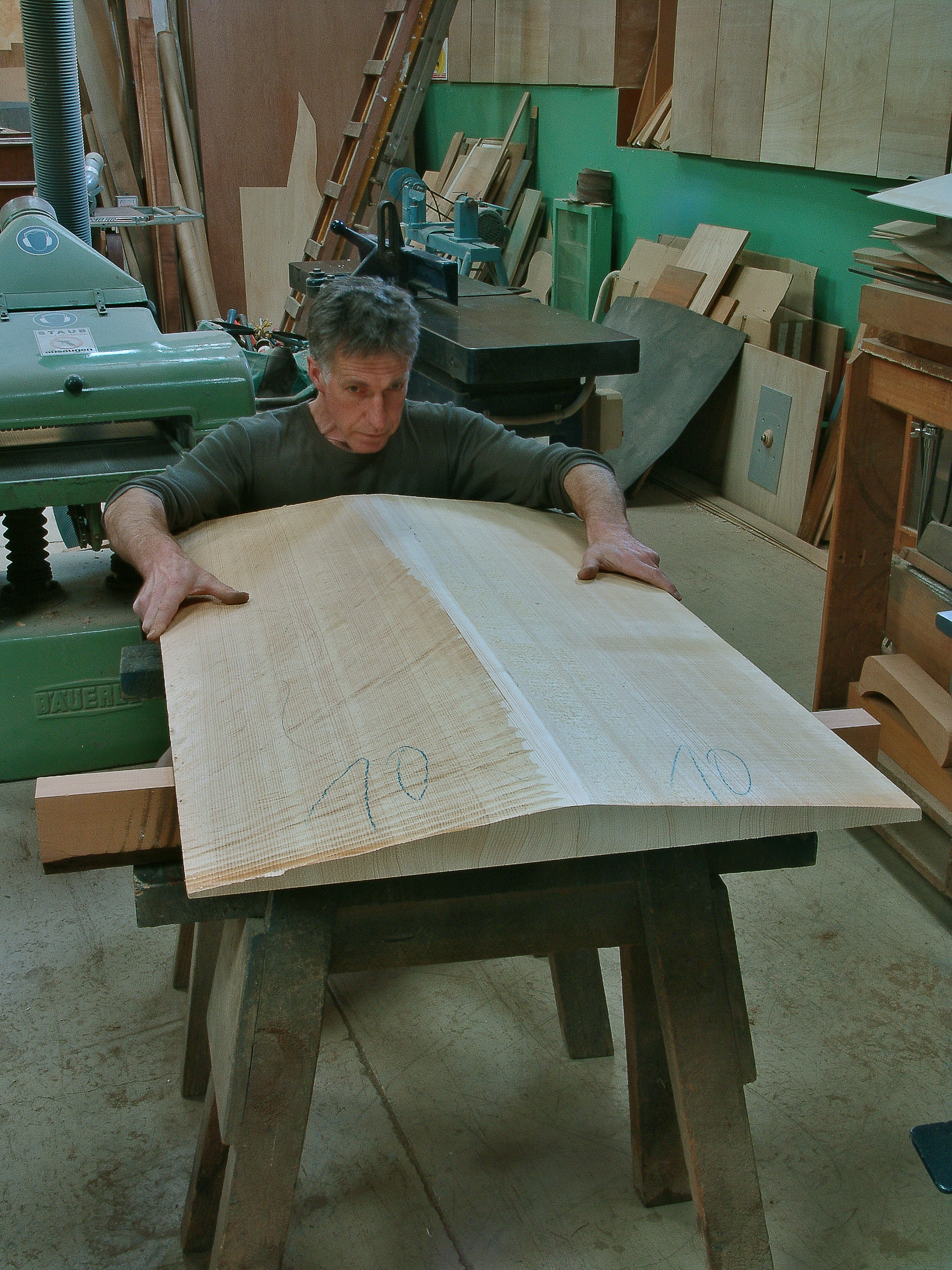 Luthier Peter Stephen begins the first stages of building a double bass soundboard