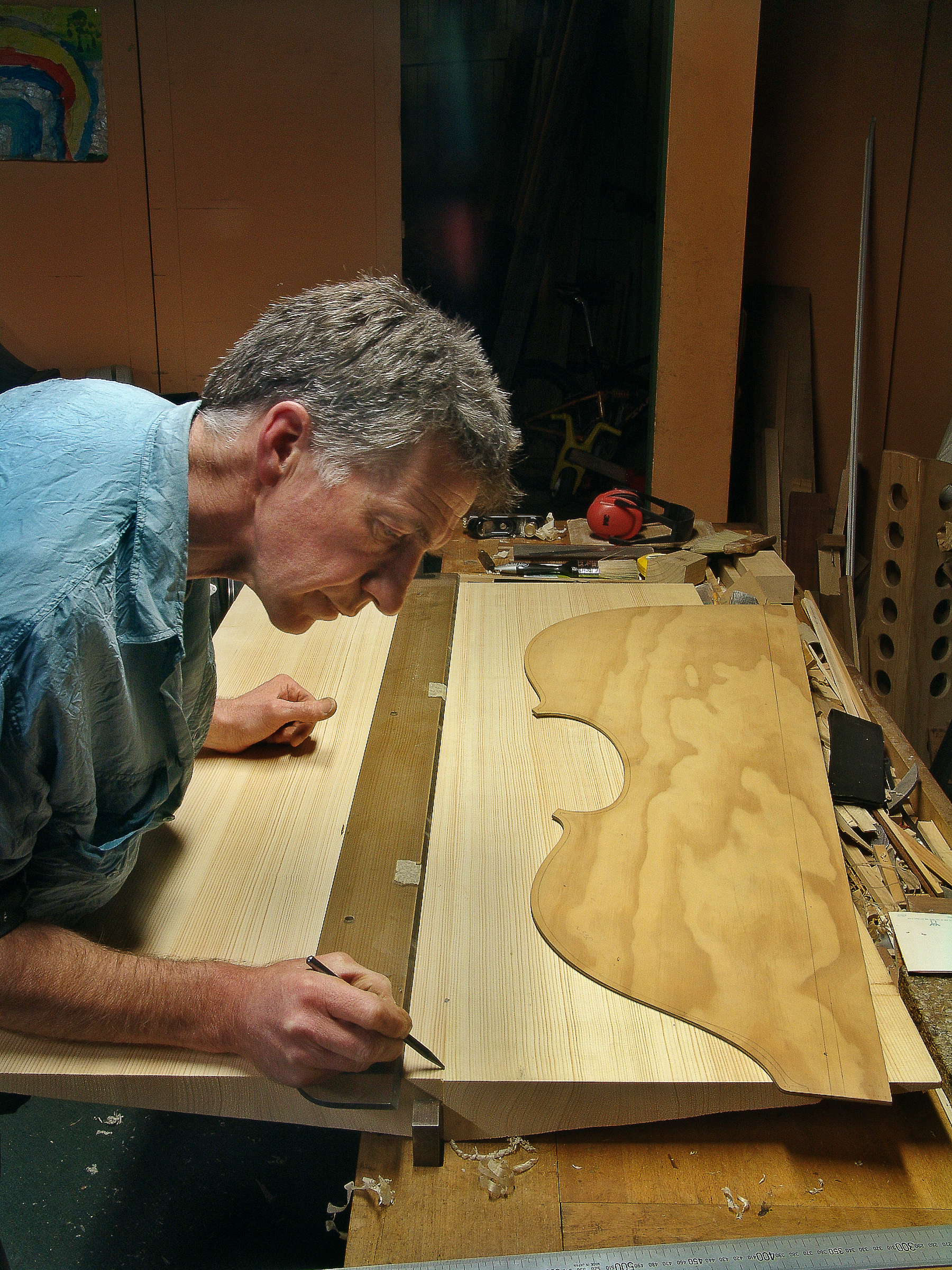 Peter Stephen layout a double bass in it's first stages