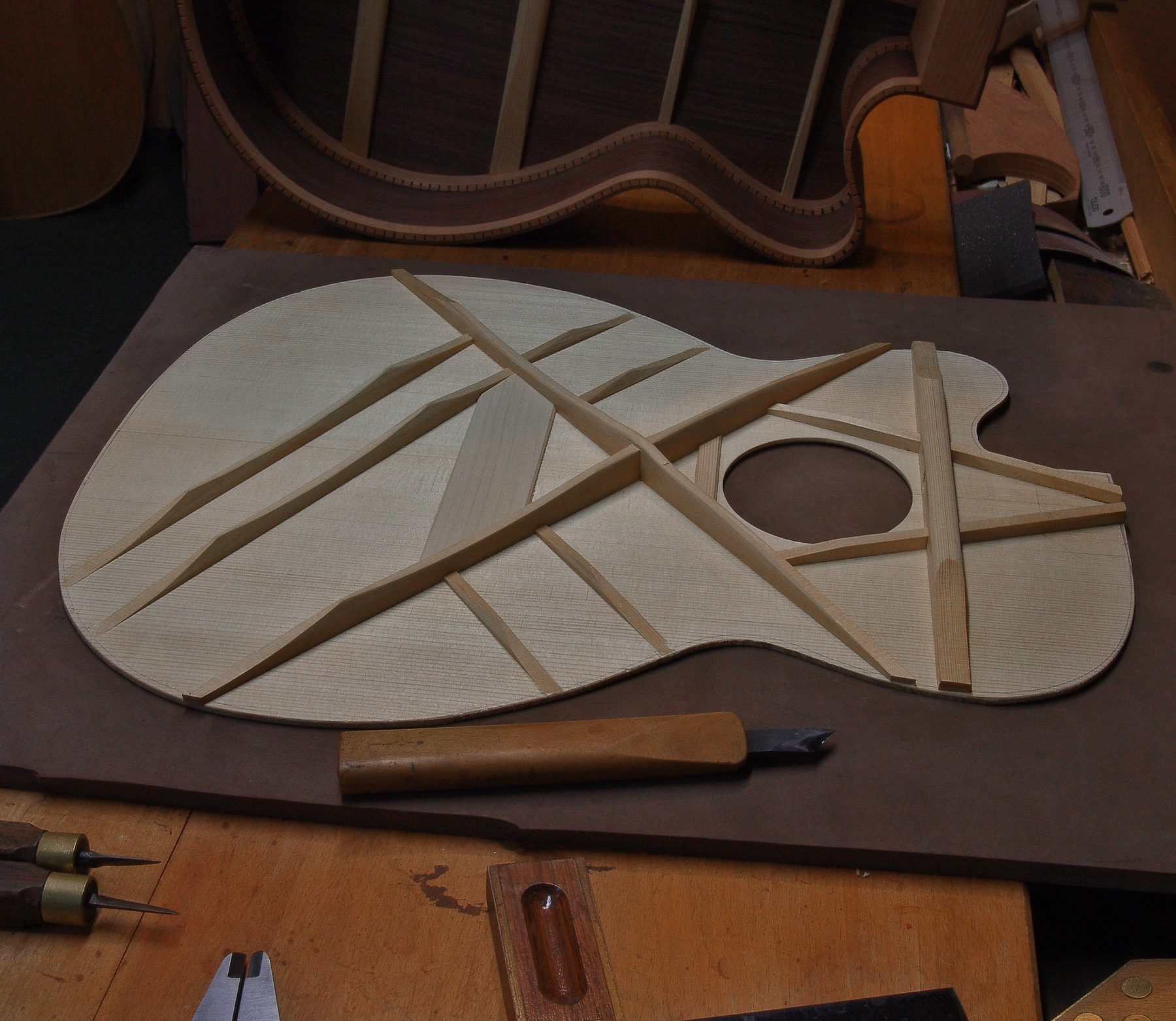 Luthier Peter Stephen, cross bracing for a cutaway acoustic guitar