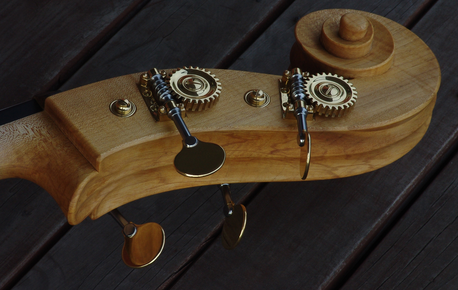 Peter Stephen double bass headstock featuring machine heads