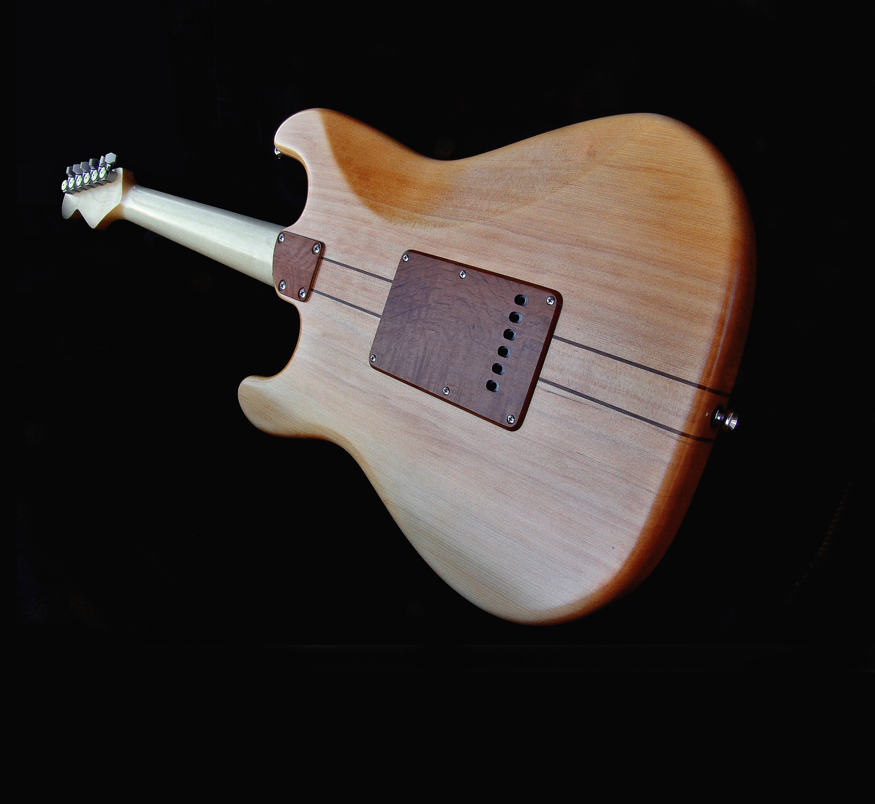Guitar Maker Peter Stephen, strat style electric solid body guitar, back view