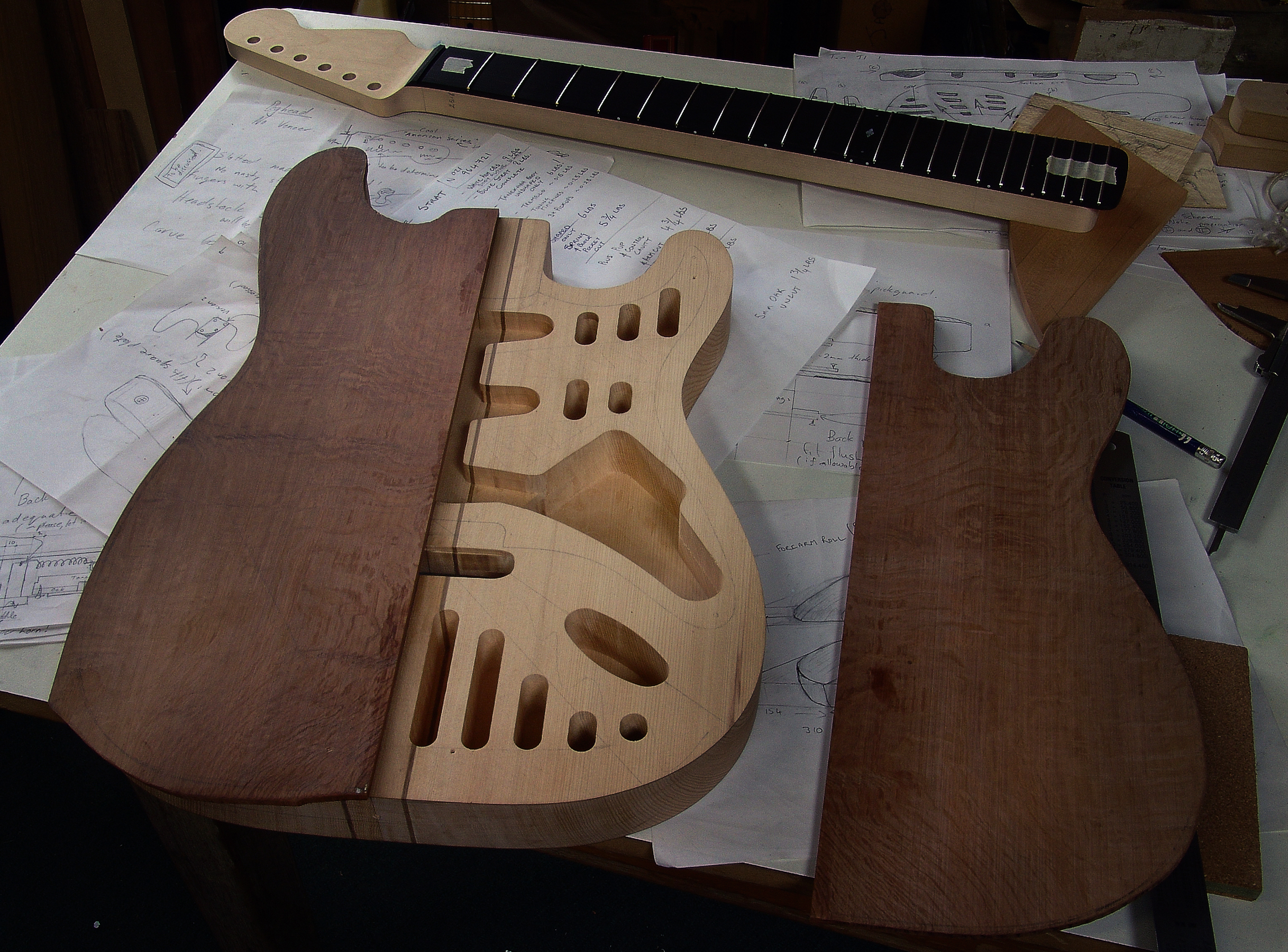 Guitar Maker Peter Stephen, strat style electric solid body guitar in the process of being built